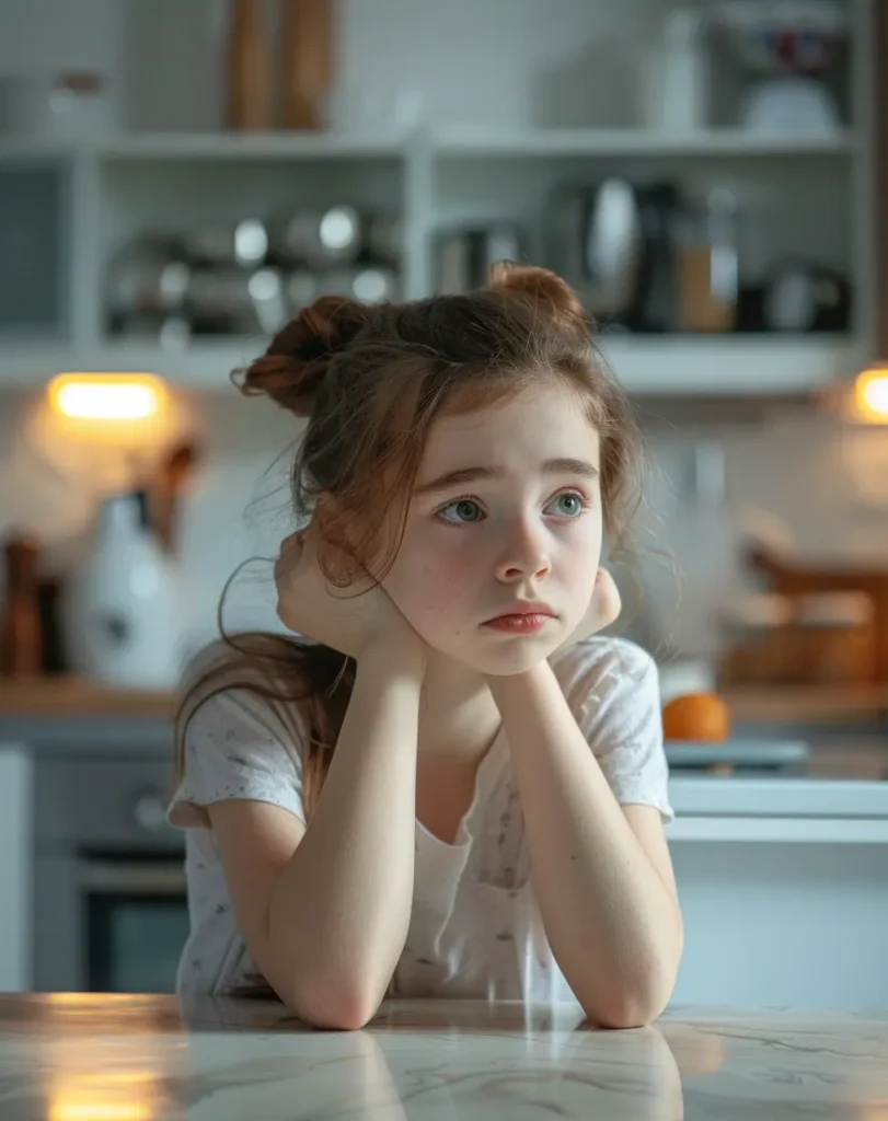 stressed young tween girl sitting in a modern kitchen