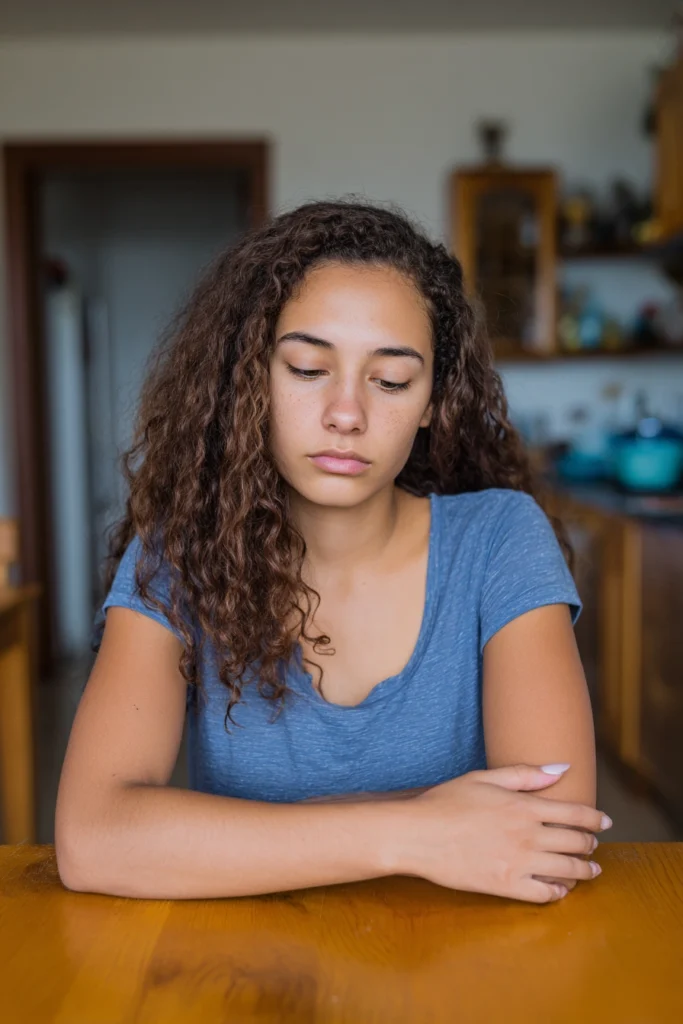A fifteen-year-old girl sitting at her dining table at home, deep in thought