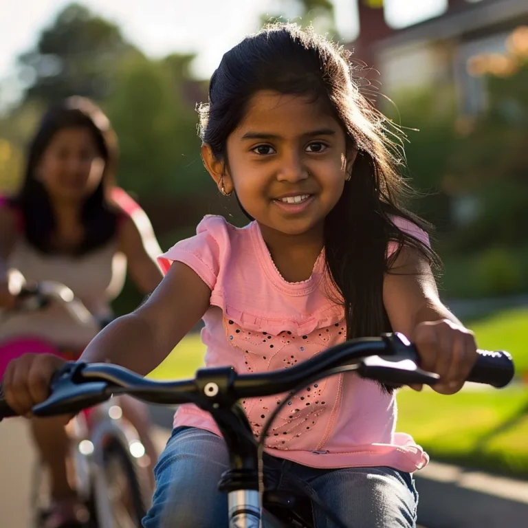 a little girl proudly riding a bike