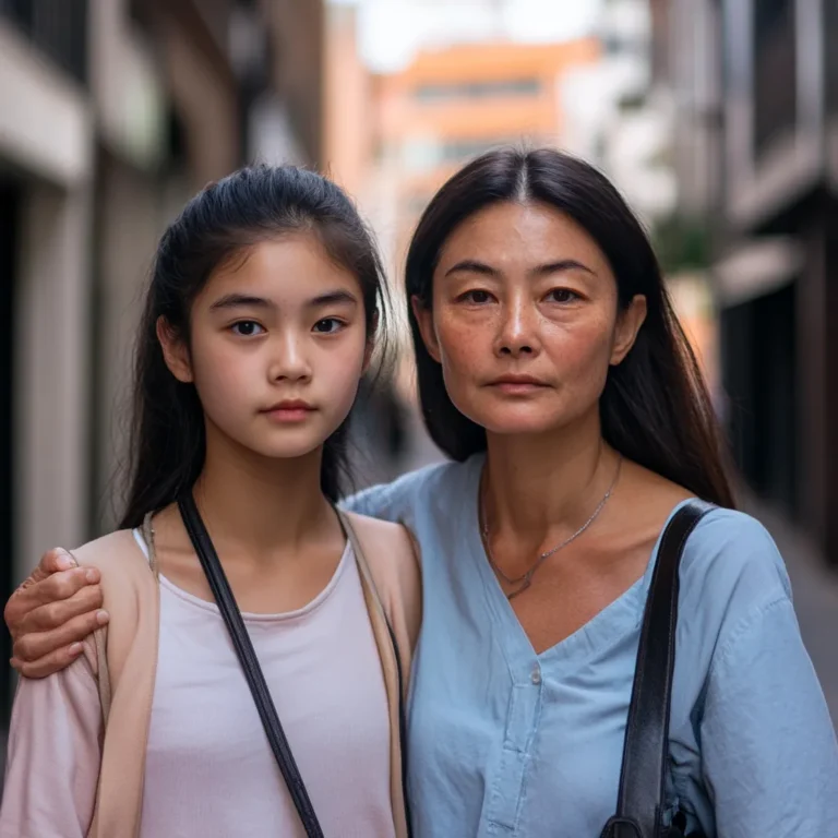 a mum with her arm round her teen daughter in an urban street