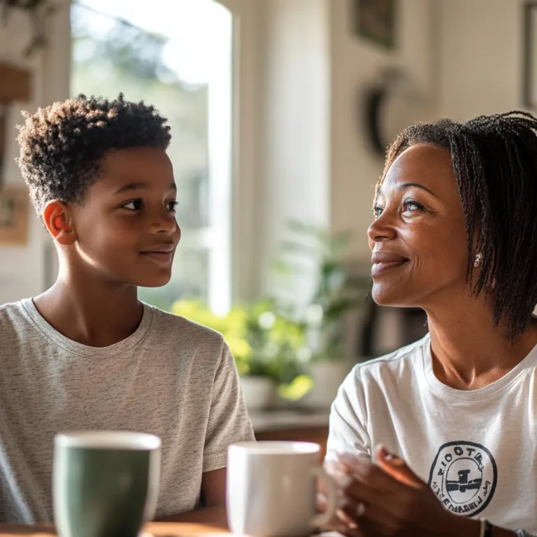 a tween boy and his mum chatting in their kitchen
