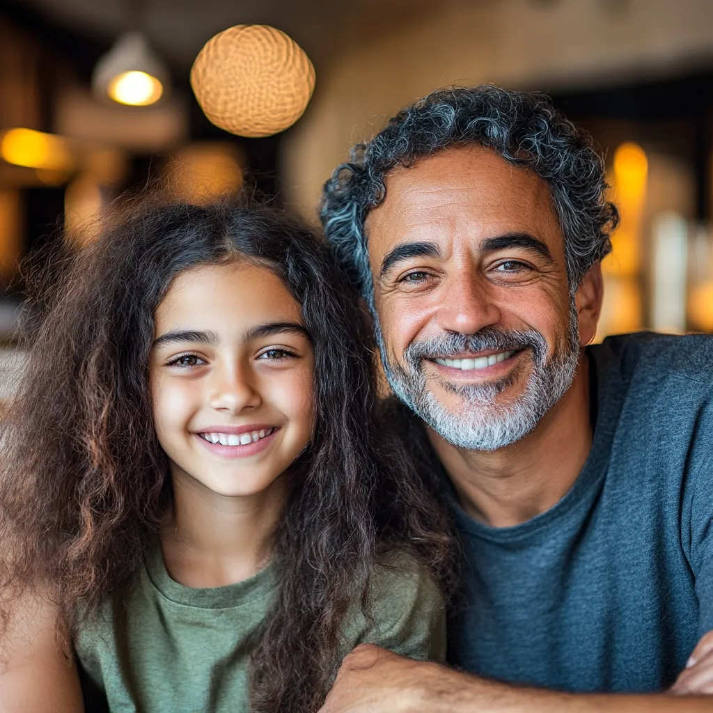 a happy dad and daughter with their arms round one another in a cafe