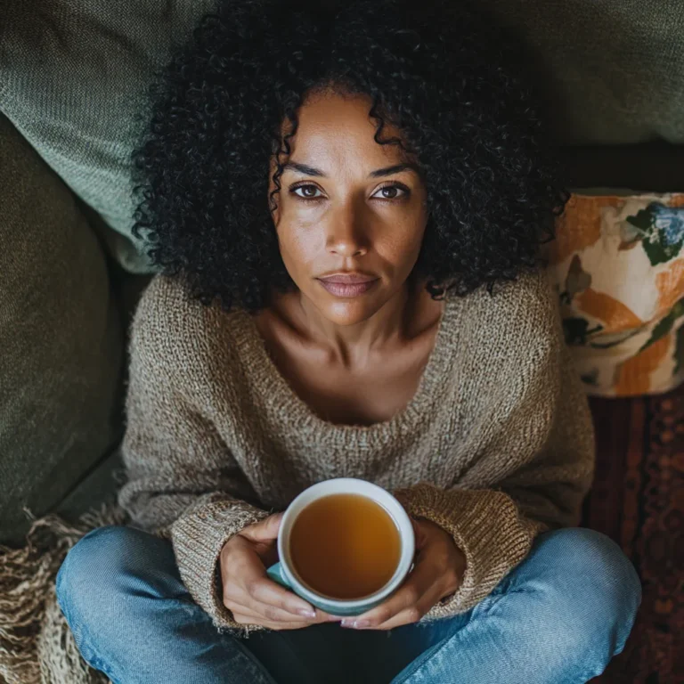 a middle aged woman drinking tea sitting on the floor of her living room