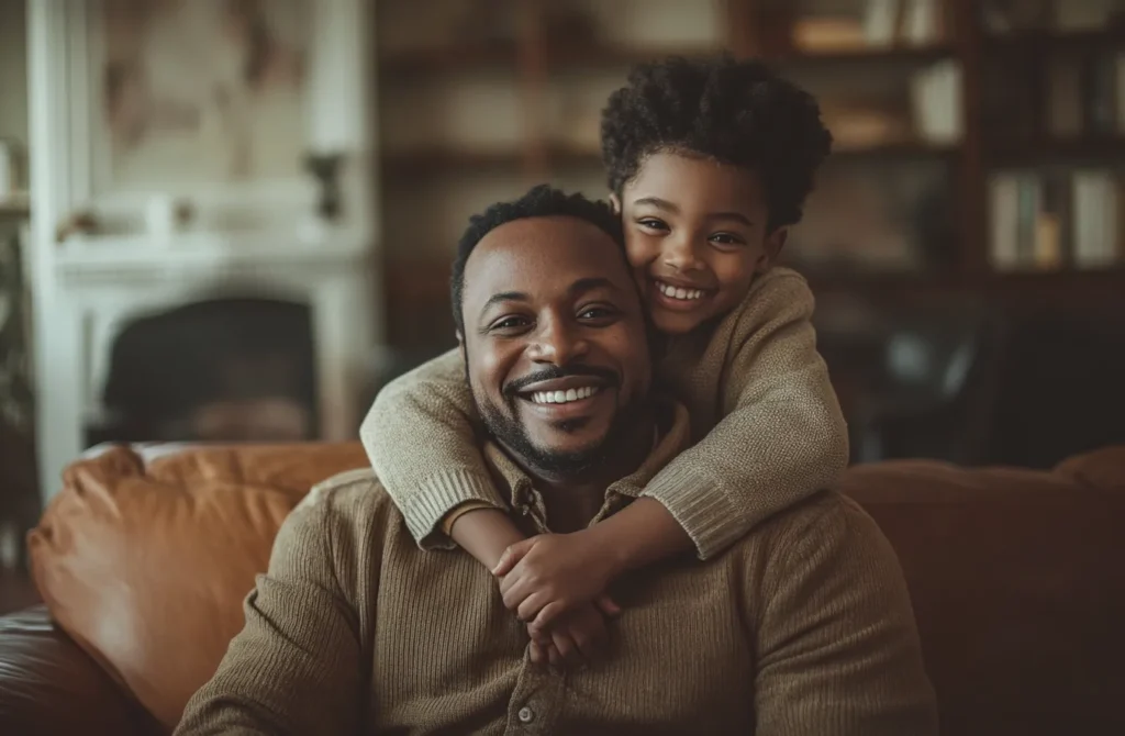 a happy little boy with his arms around his dad