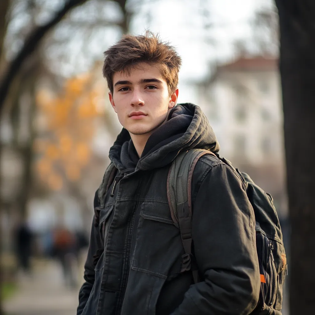 a confident 16 year-old boy walking with a backpack