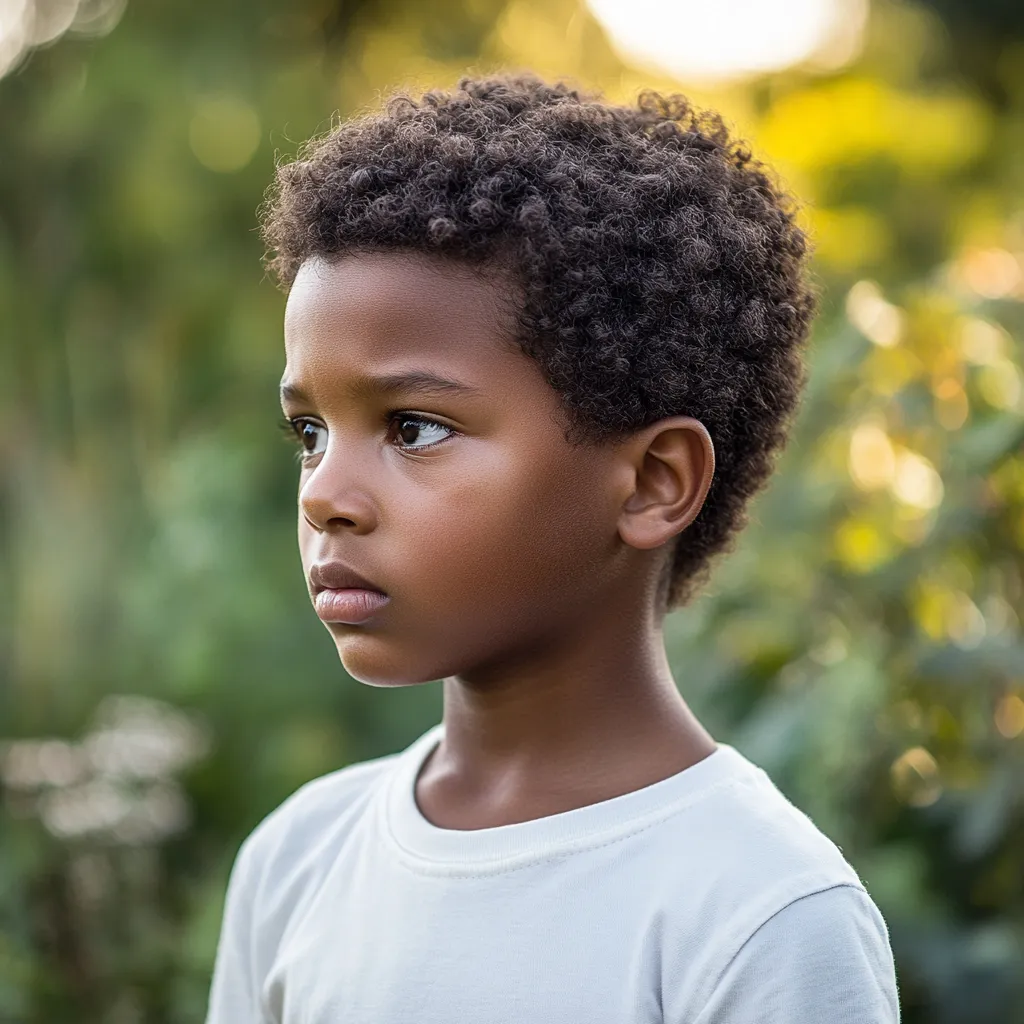 little boy in his garden with a serious expression
