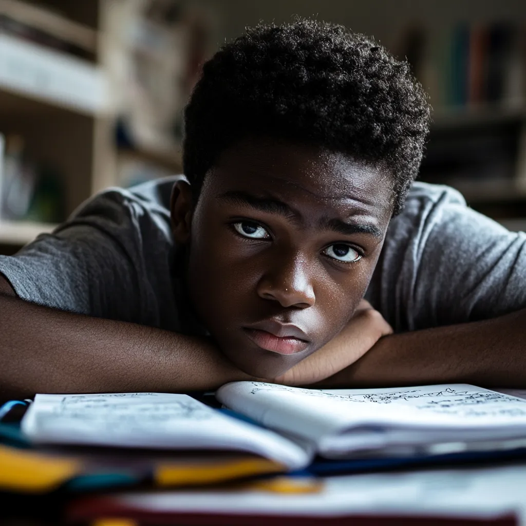 a teen boy resting his head on his desk and looking fed up