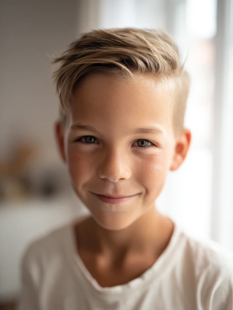 An eight-year-old boy smiling into the camera.