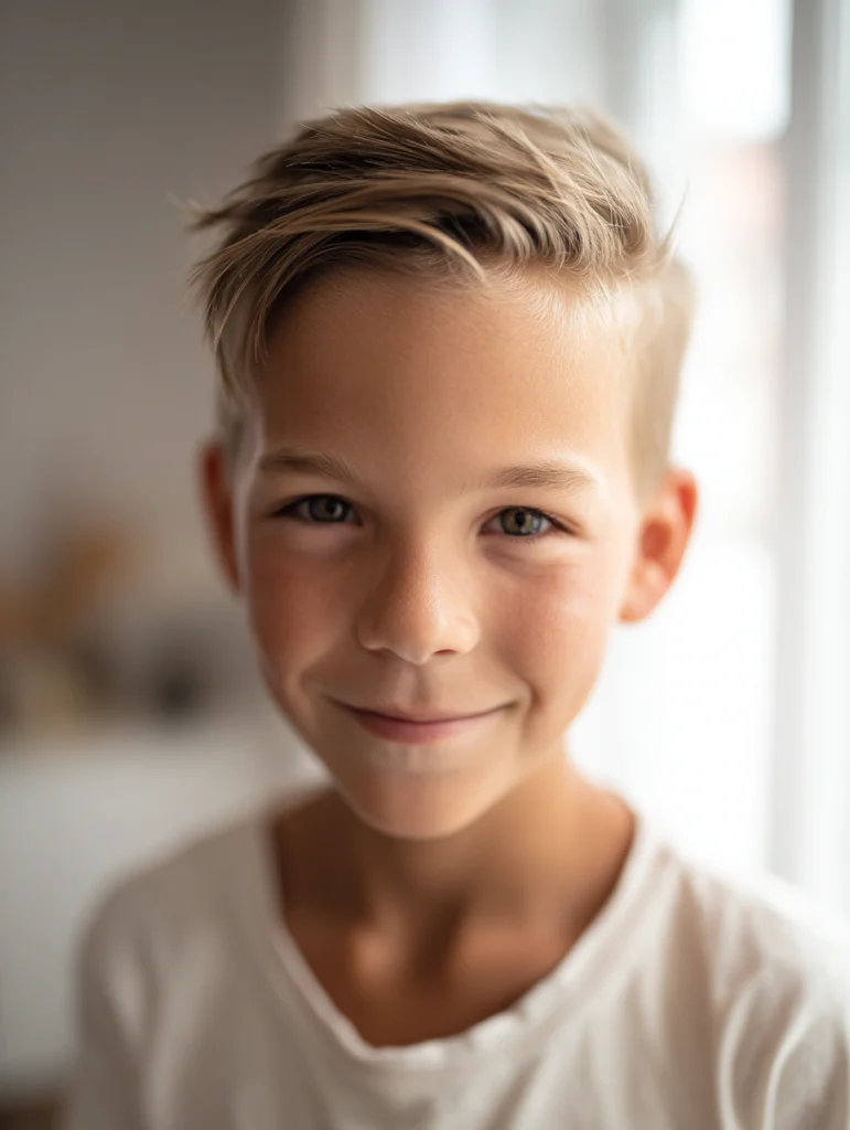 An eight-year-old boy smiling into the camera.