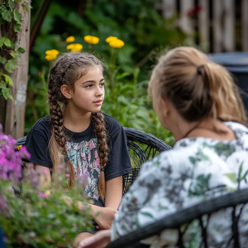 a girl and mother chatting in their garden
