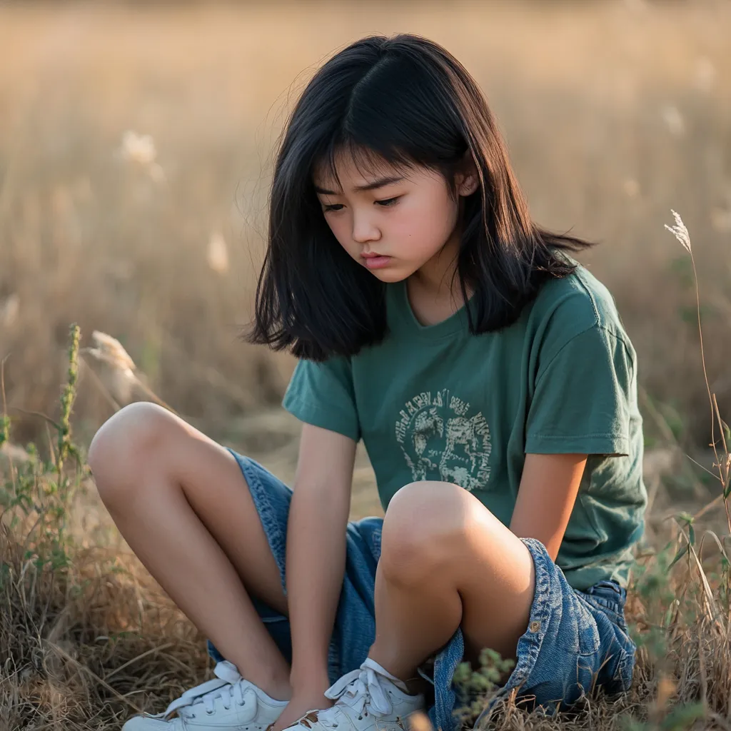tween girl looking thoughtful and sad in a field
