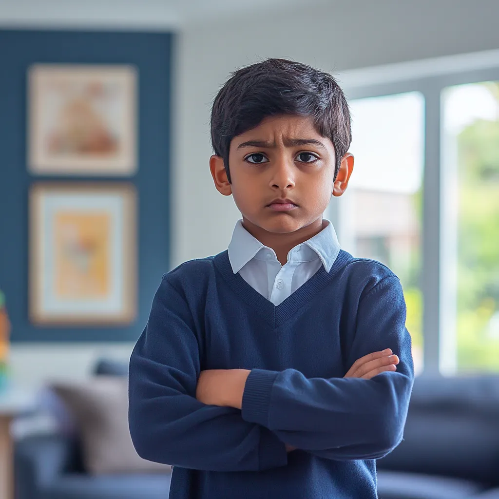 a little boy with his arms folded looking cross