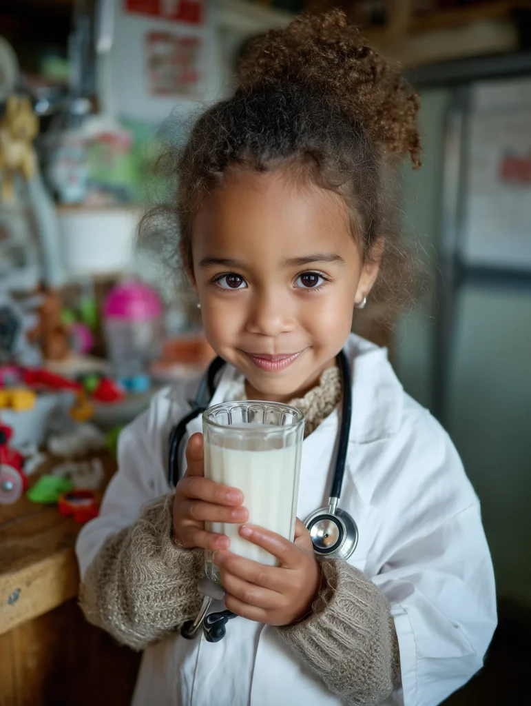 a little girl holding a glass of milk