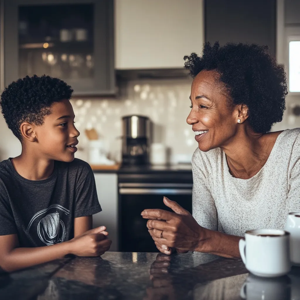 a happy mother and teen boy chatting in their kitchen
