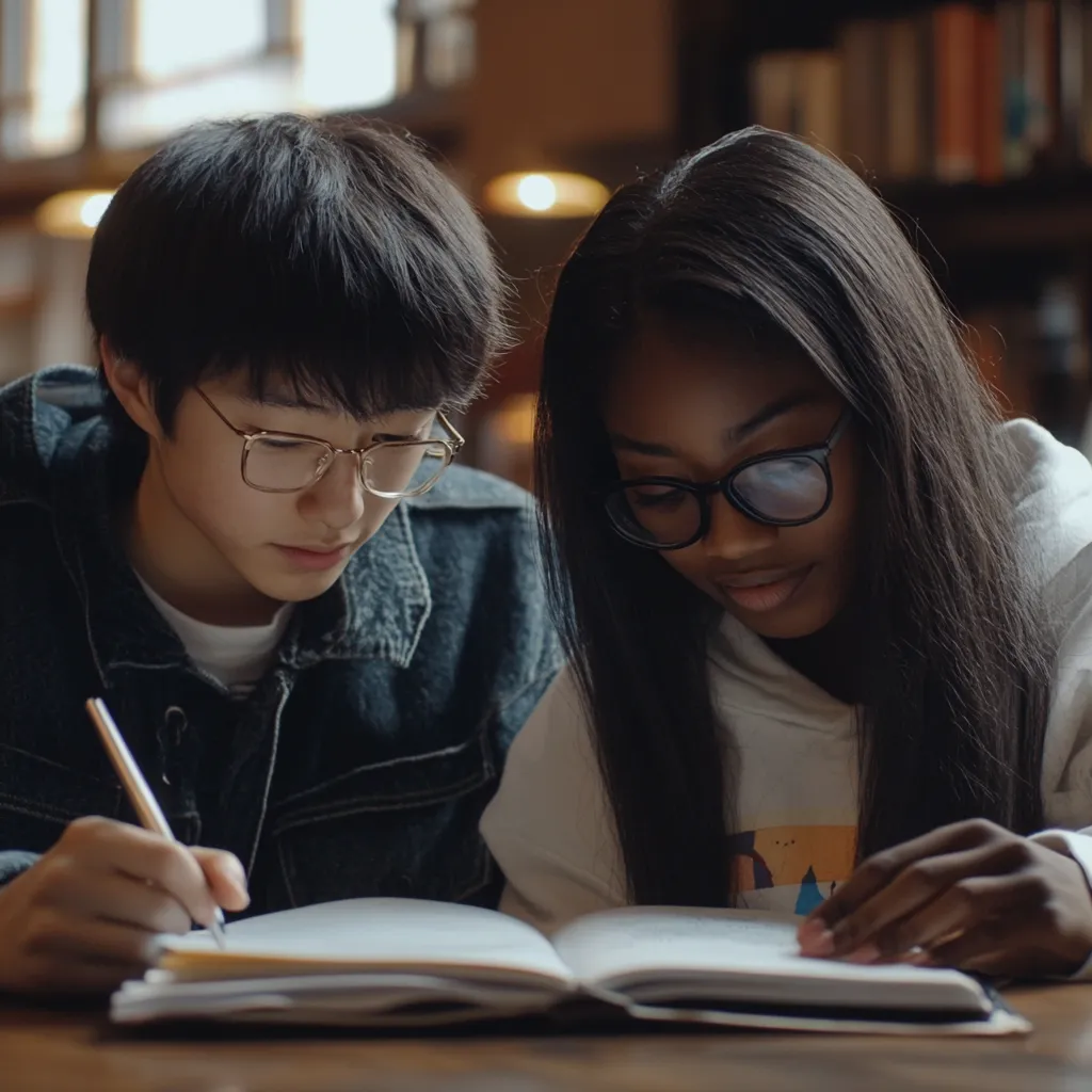 two students studying a book together