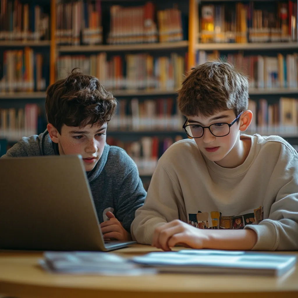two teenage boys studying in their school library
