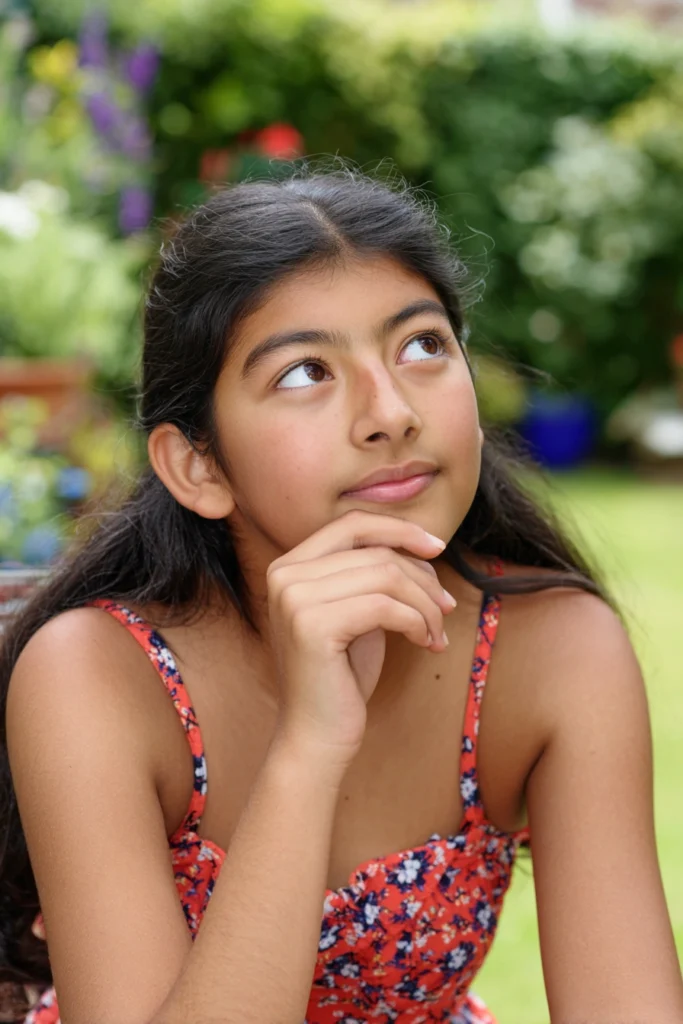 a thoughtful teenage girl sitting in her garden
