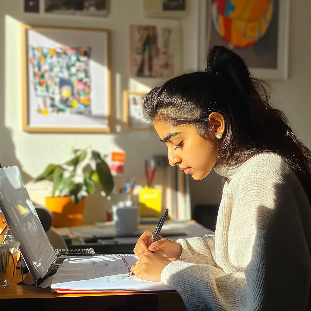 a teen girl studying hard for exams at home