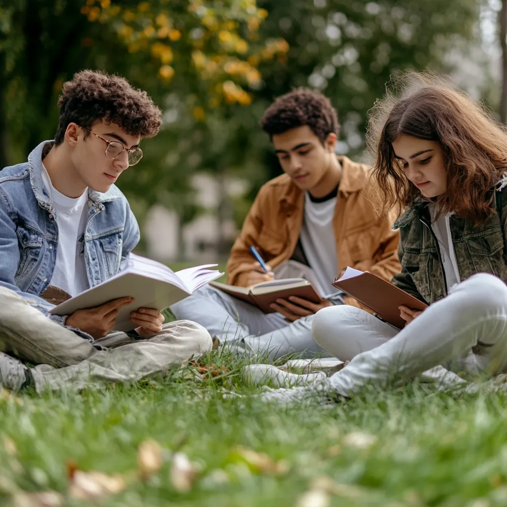 3 teenage students studying outdoors