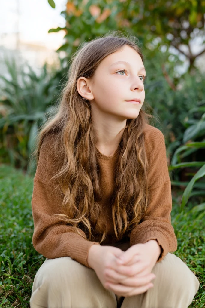 a tween girl crouching in a garden thinking