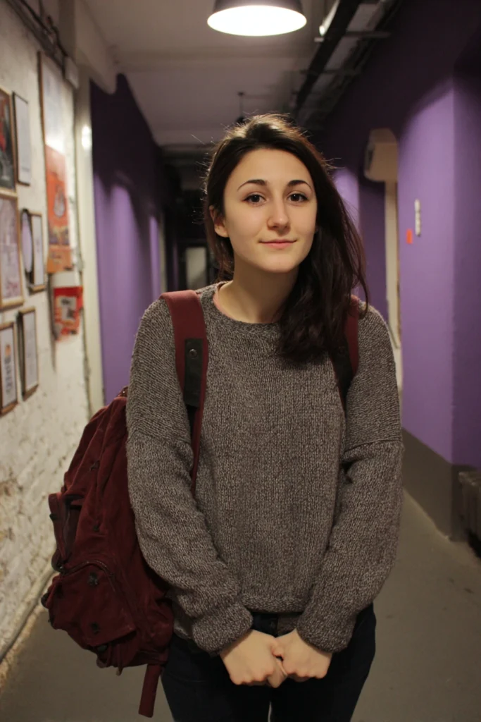 A young female student looking nervous in a dark corridor before entering an exam room.