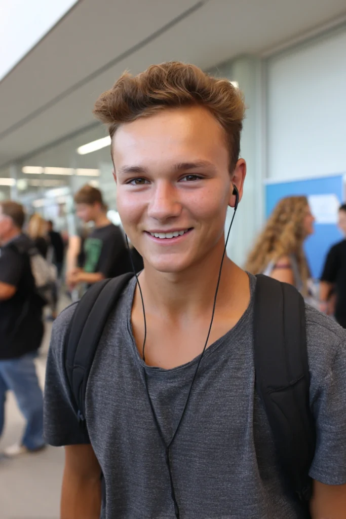 A young male adult student in a university corridor smiling before going into an exam.