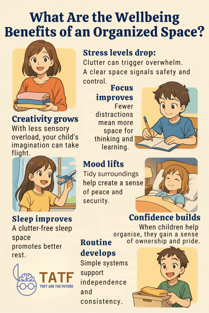 an infographic showing wellbeing benefits of an organized space