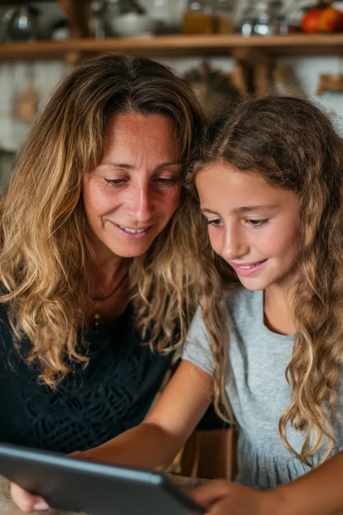 a mother and daughter at home together watching an ipad