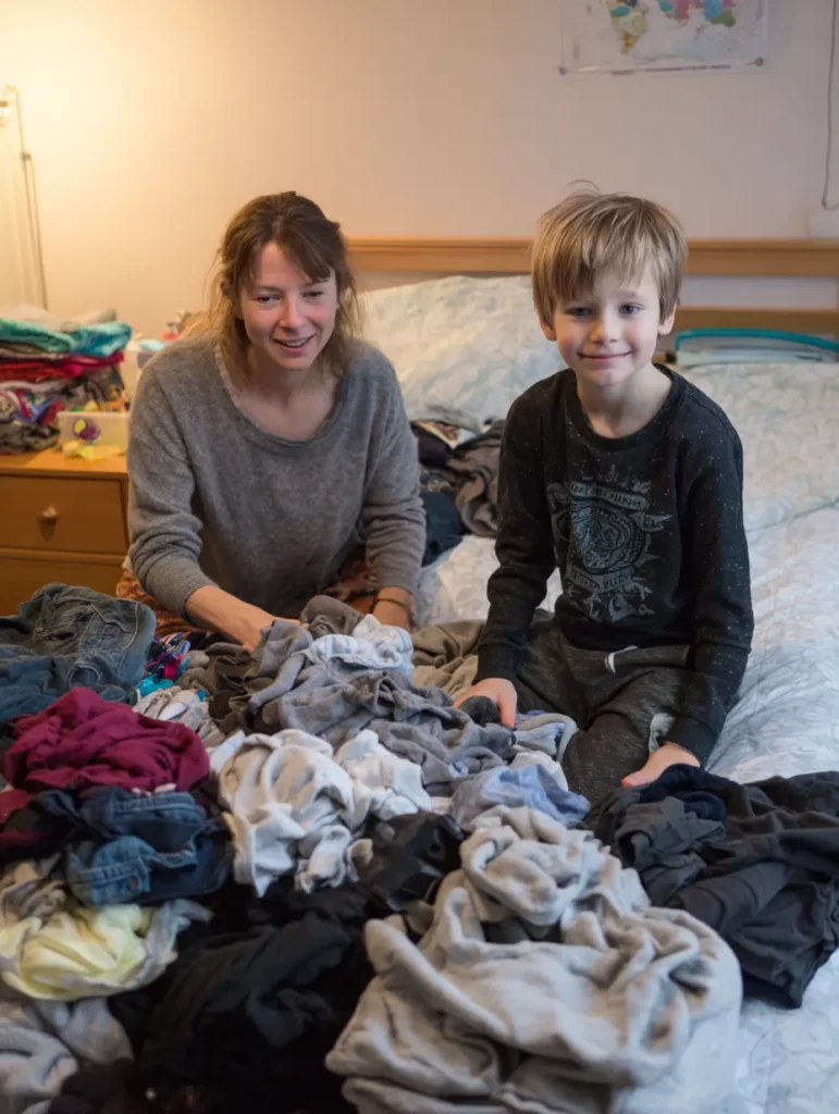 a mother and son tidying up a large pile of clothes together