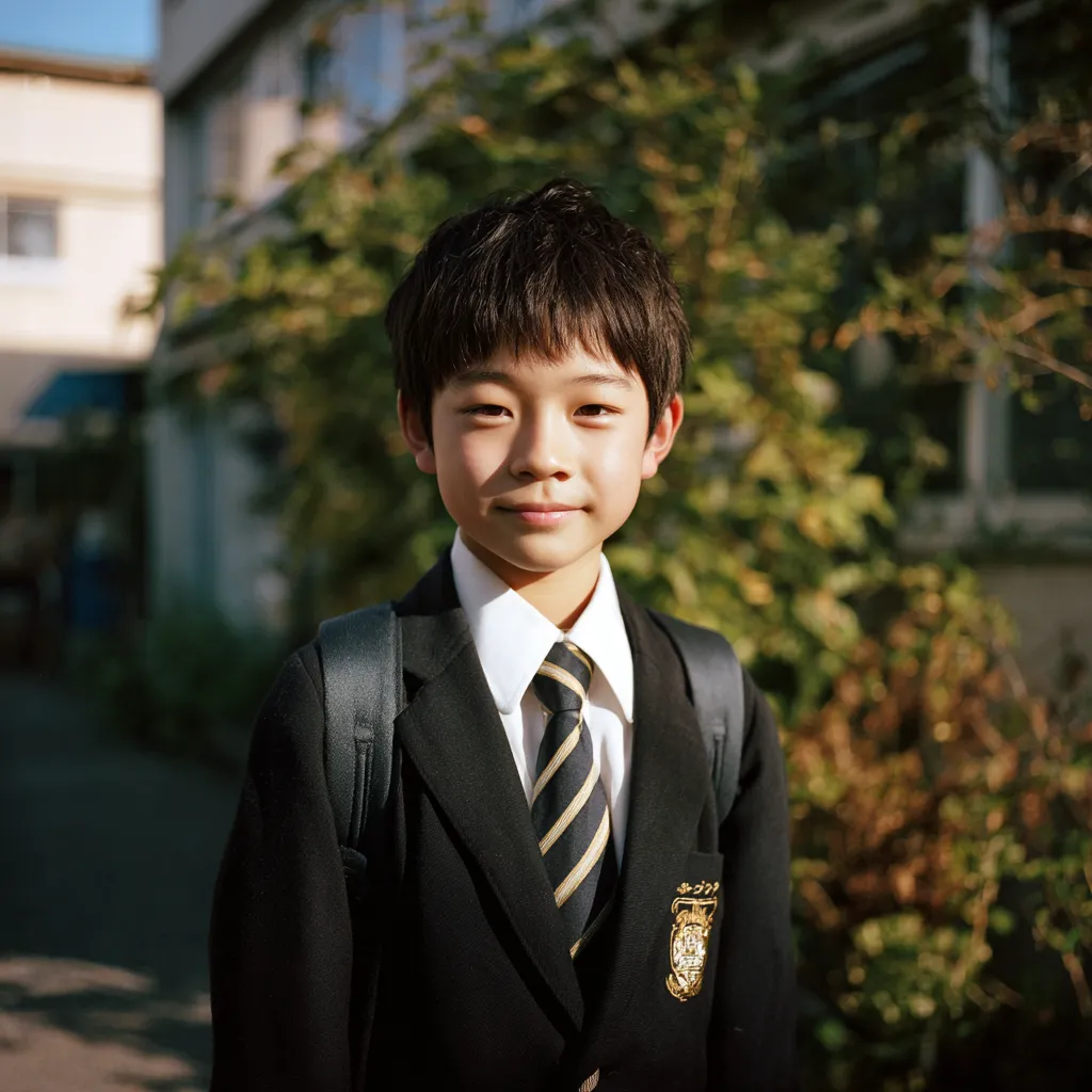 a happy tween school boy outside his house