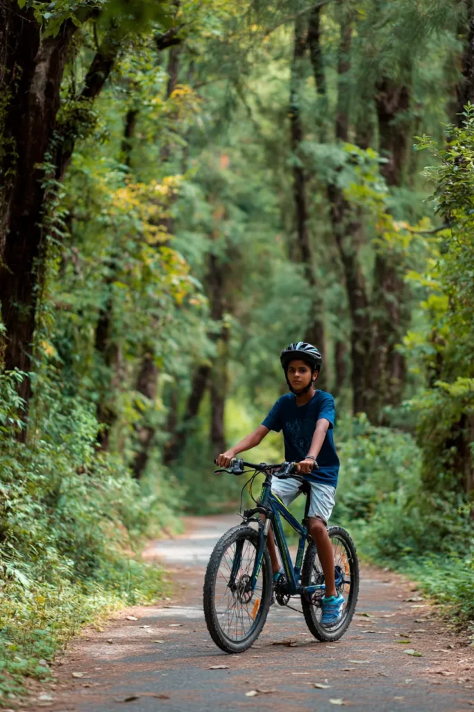 a teen boy on his bike on a forest trail