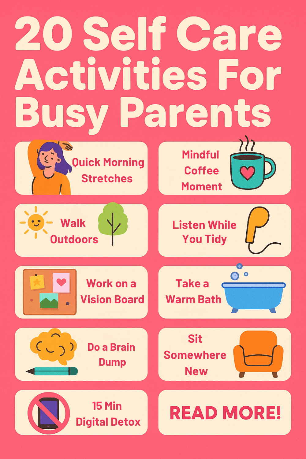 an infographic showing self care activities for busy parents