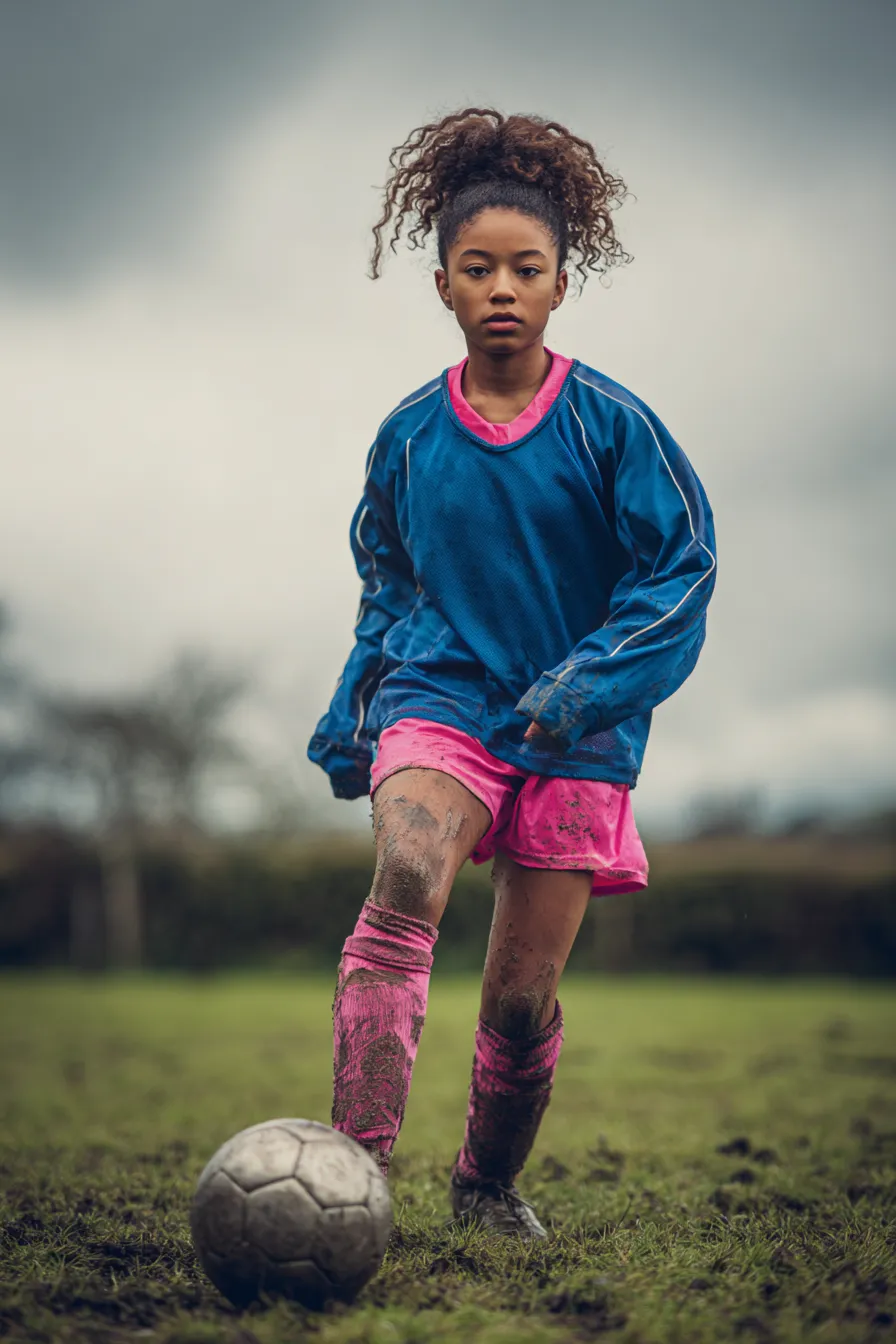 A 13 year-old girl practising soccer on a muddy pitch