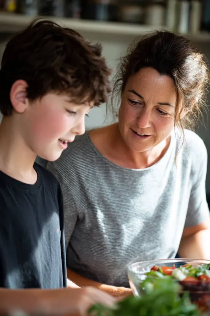 a mum and preteen son having a conversation while they prepare a meal