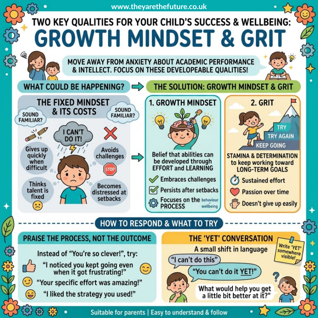 An infographic from child psychology website They Are The Future, all about building two essential qualities in children for success: growth mindset and grit