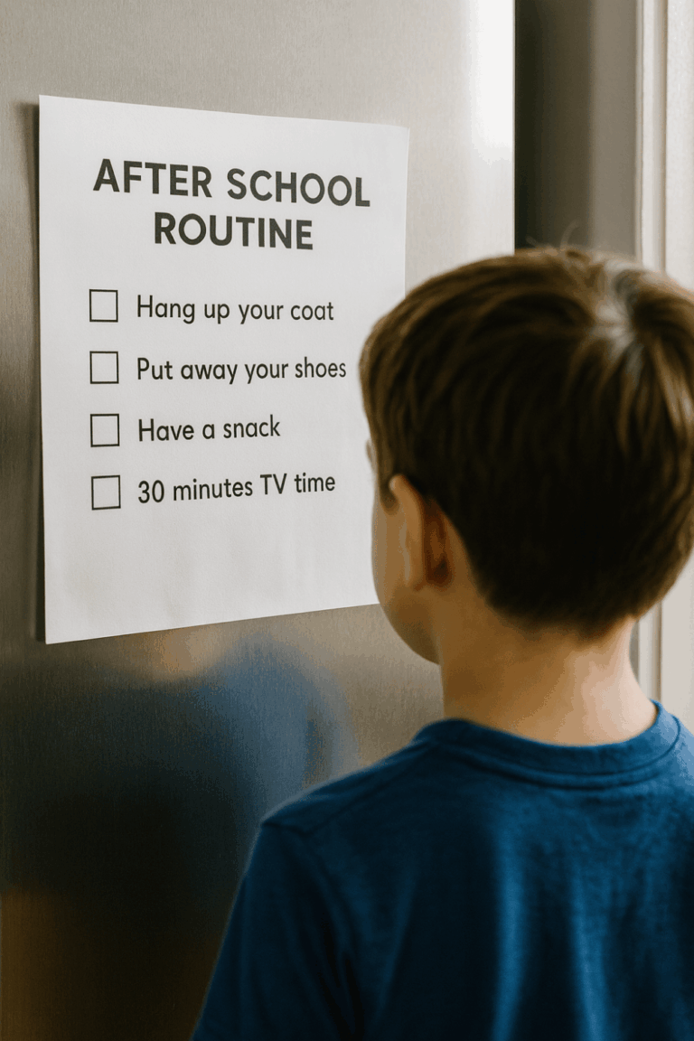 a child looking at a planner on his fridge