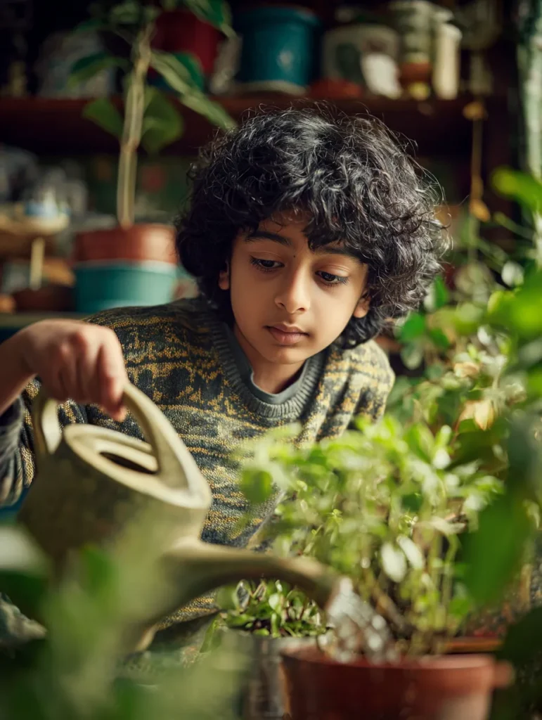 a tween boy watering a house plant