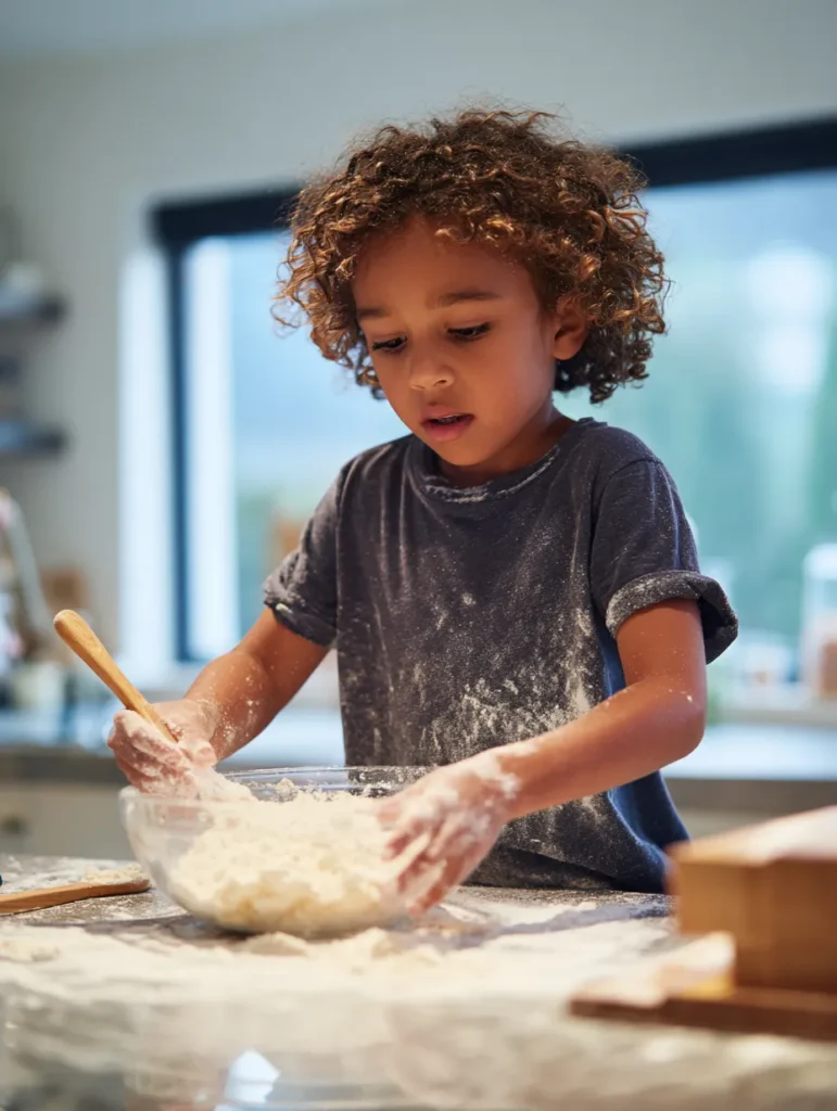 a young child mixing flour in a bowl