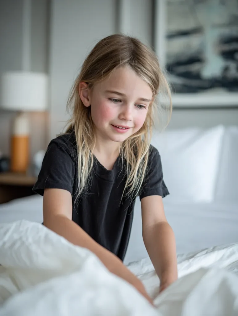 a little girl sitting up in a fresh white bed in a modern room