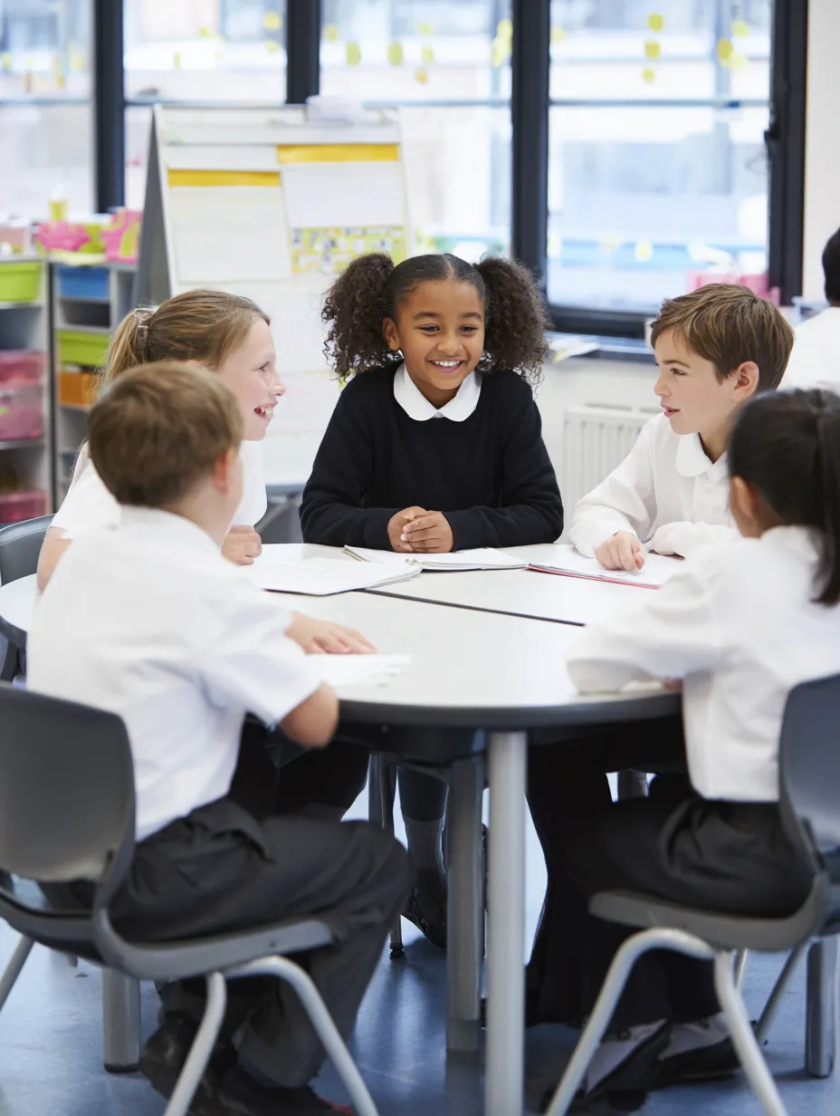 a group of school children having a discussion at a round table
