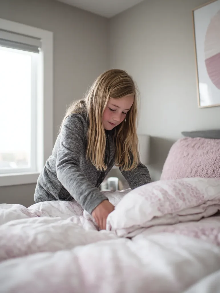 a ten year old girl making a bed