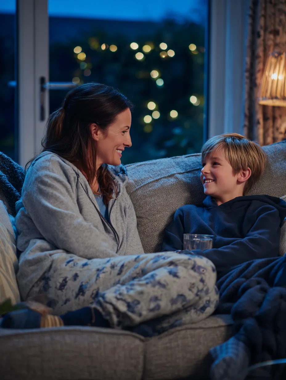 a mother and son happily chatting together on their sofa in the evening