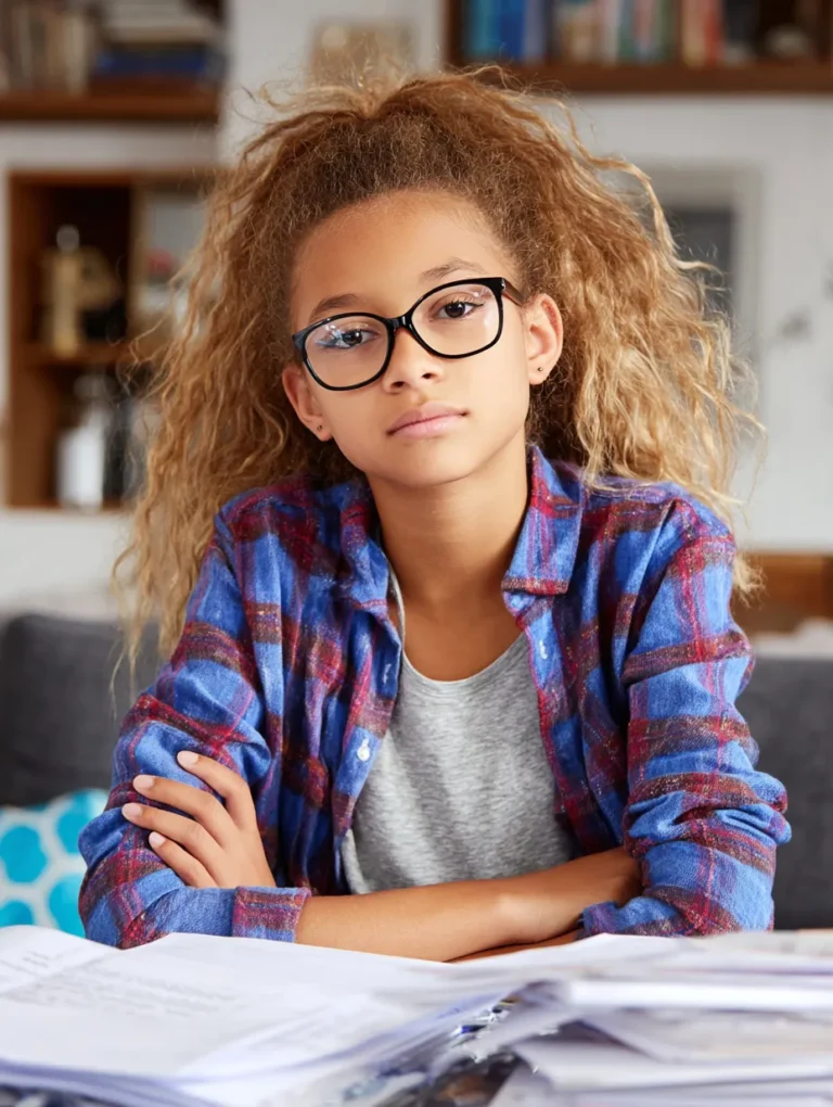a teen girl studying for an exam at home