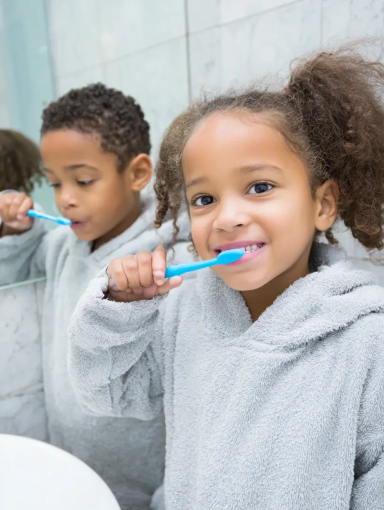 six year old twins brushing their teeth in the evening