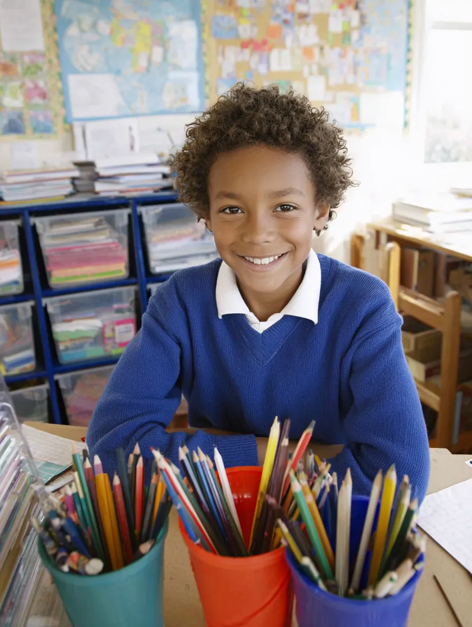 an eleven year old boy sits proudly at his school desk