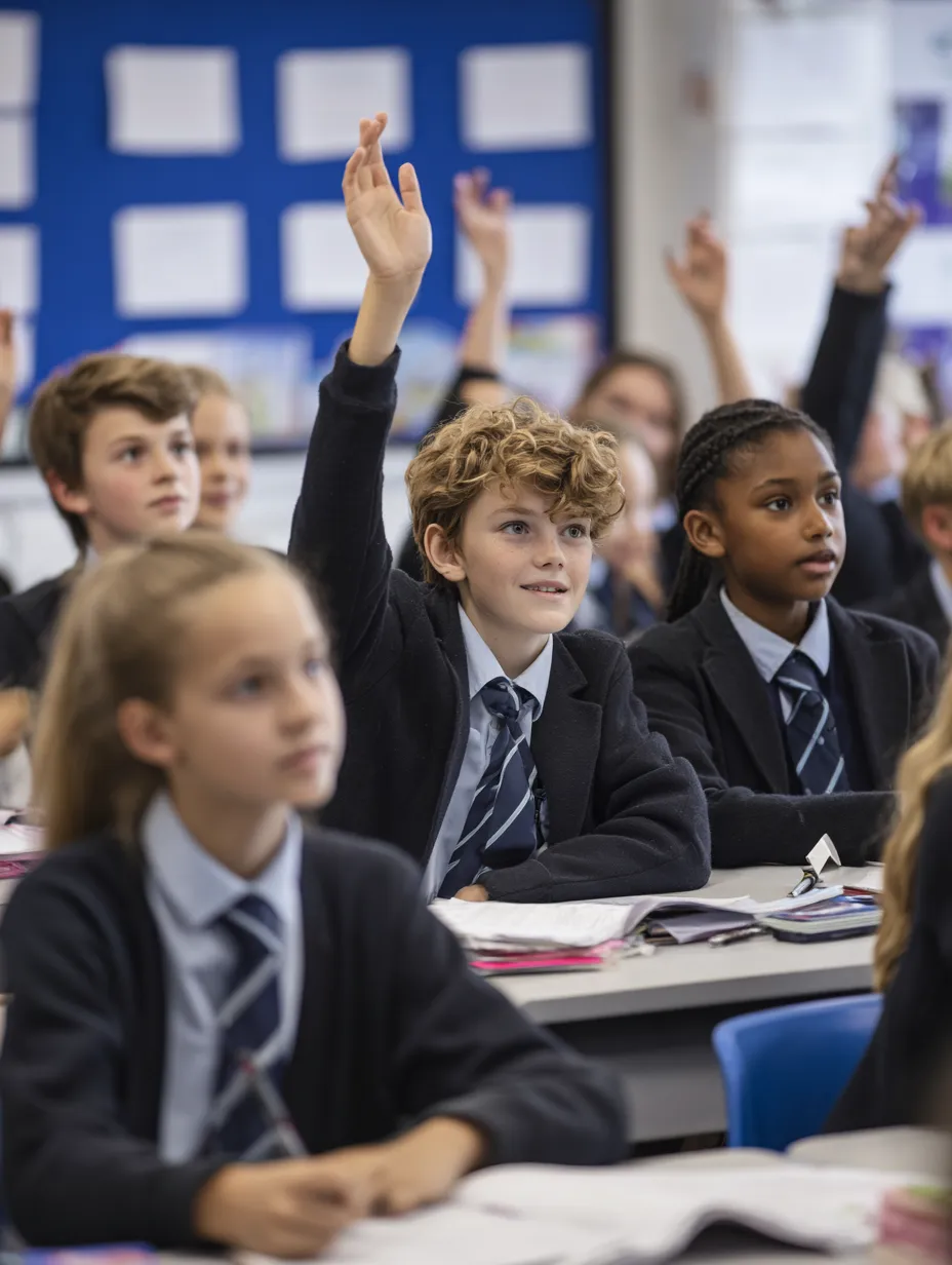 a group of British schoolchildren having a class discussion