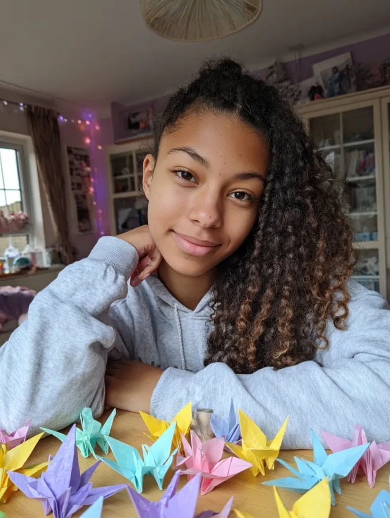a teen girl with her collection of origami butterlfies