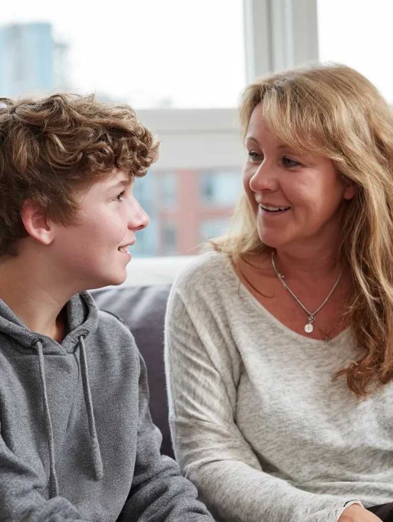 a mother and teenage son sitting chatting together on a sofa