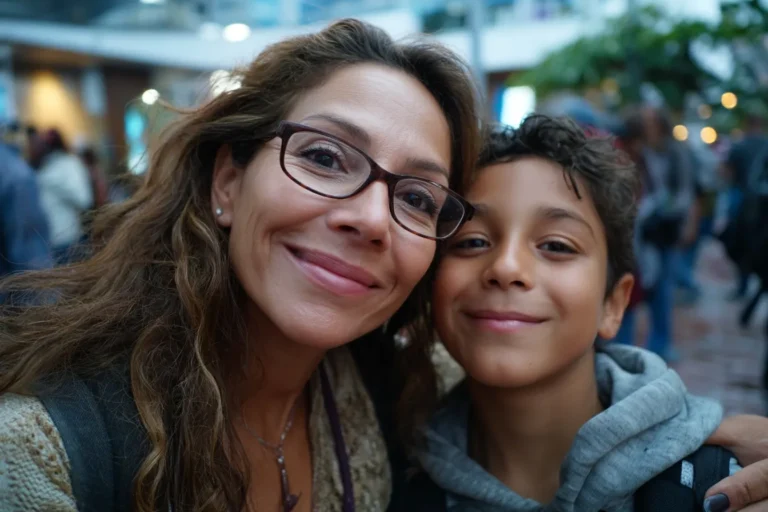 a mother and tween boy posing for a photo outdoors in an urban area