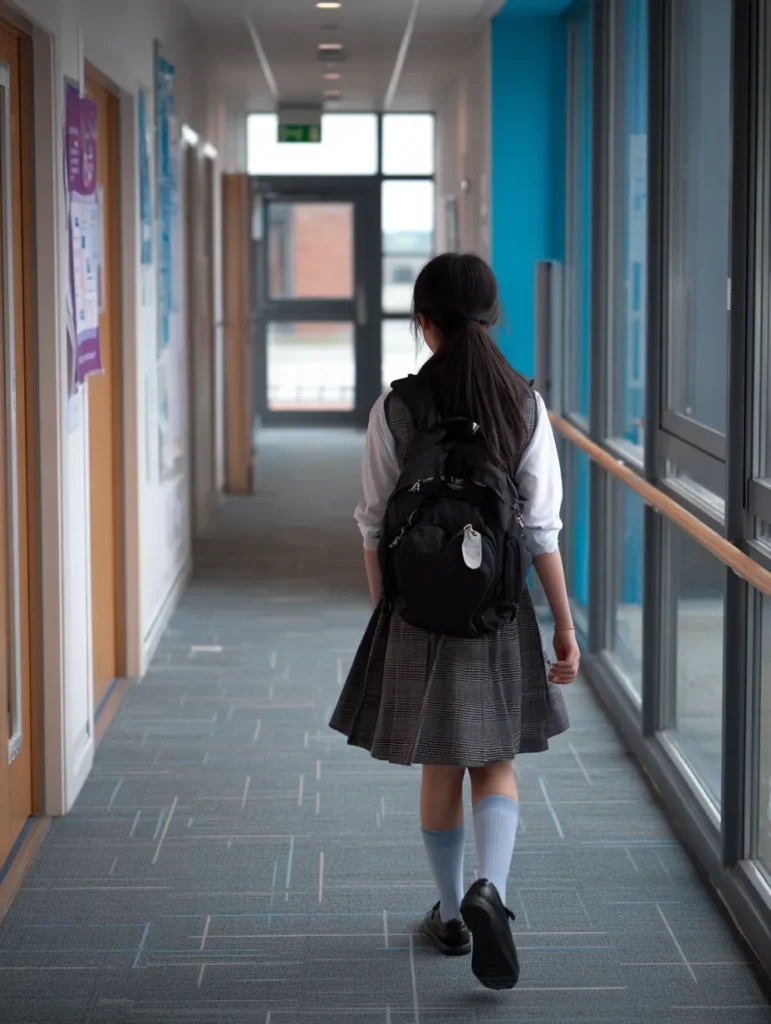 a twelve year old girl walks down a school corridor